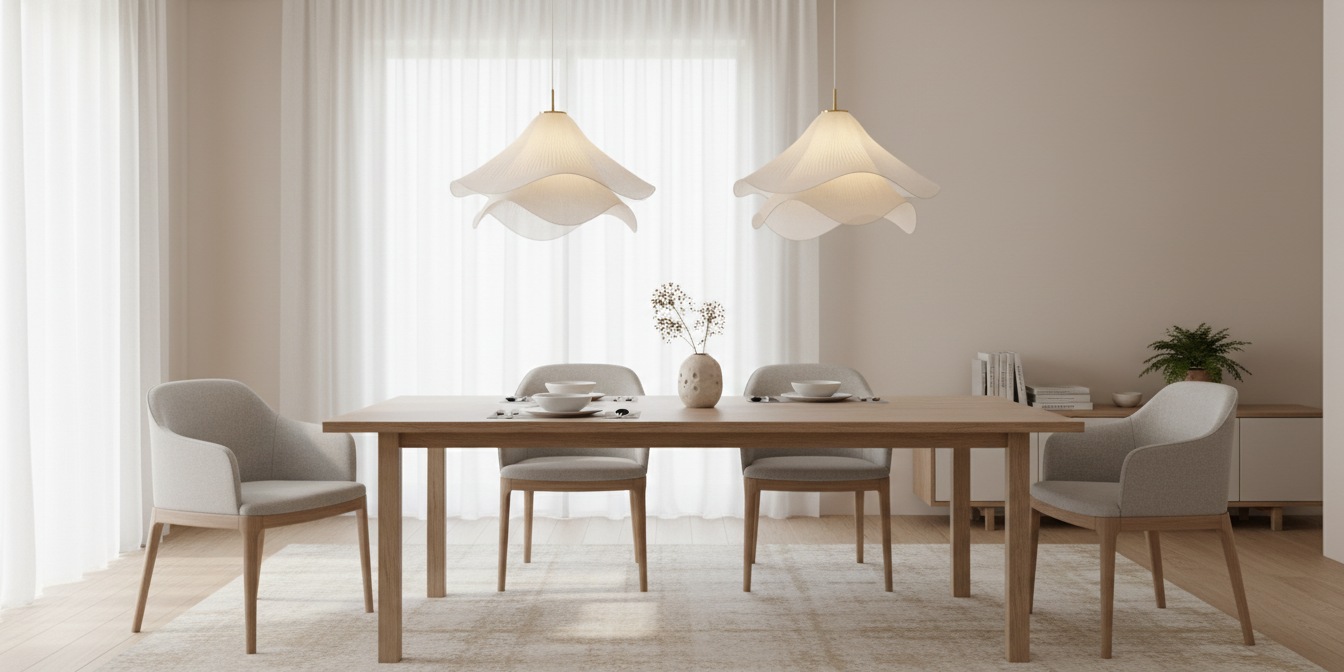 Lámparas colgantes Ethereal Bloom sobre una mesa de comedor