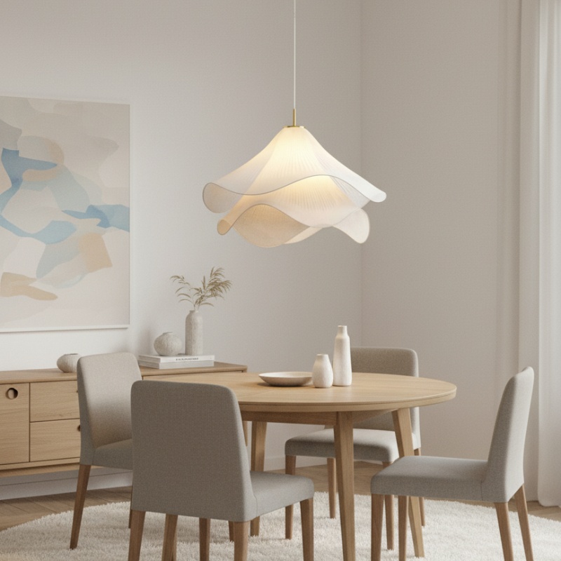 Lámpara colgante Flor Etérea en un luminoso rincón de comedor.