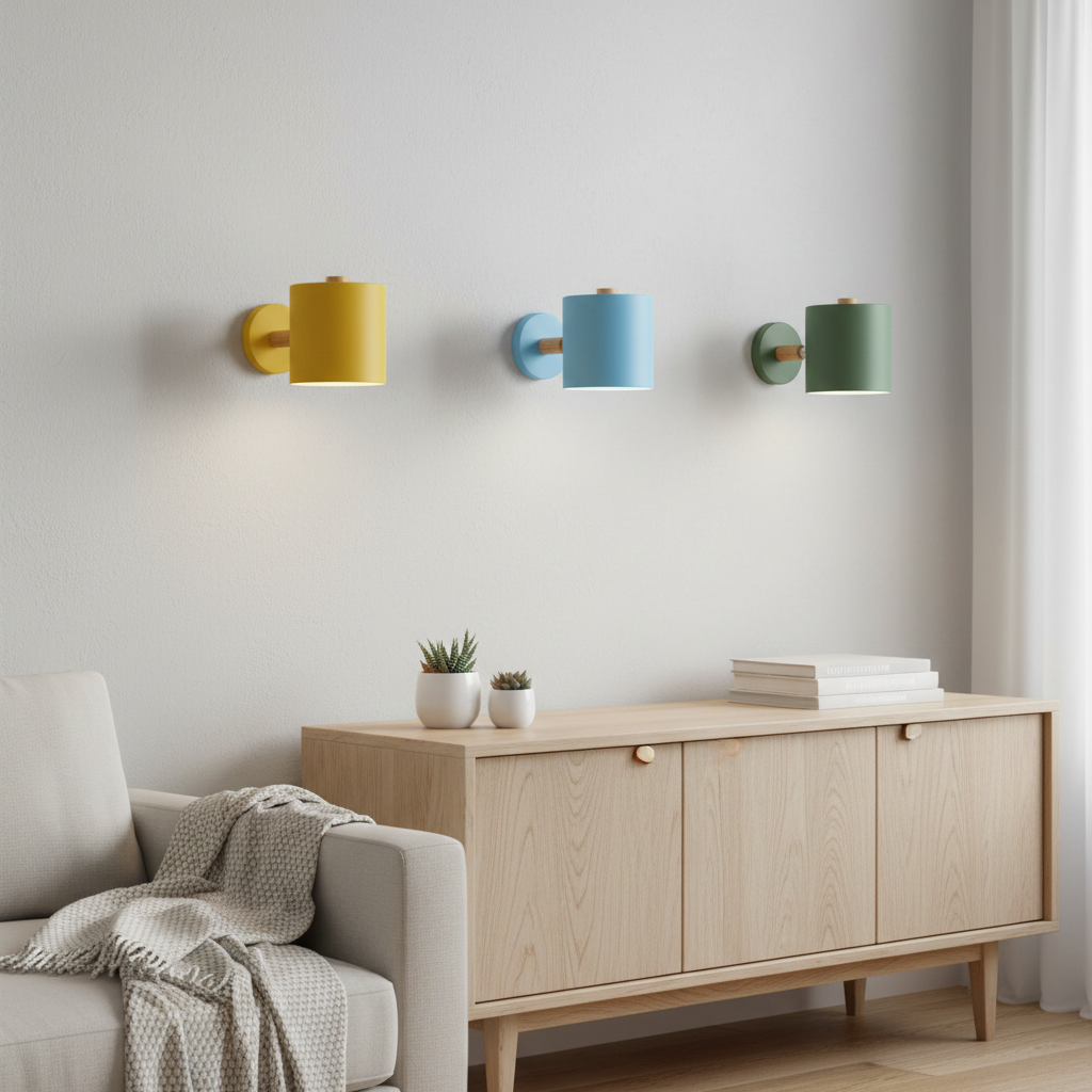 Lámpara de pared giratoria cilíndrica Nordic Macaron en ambiente móvil