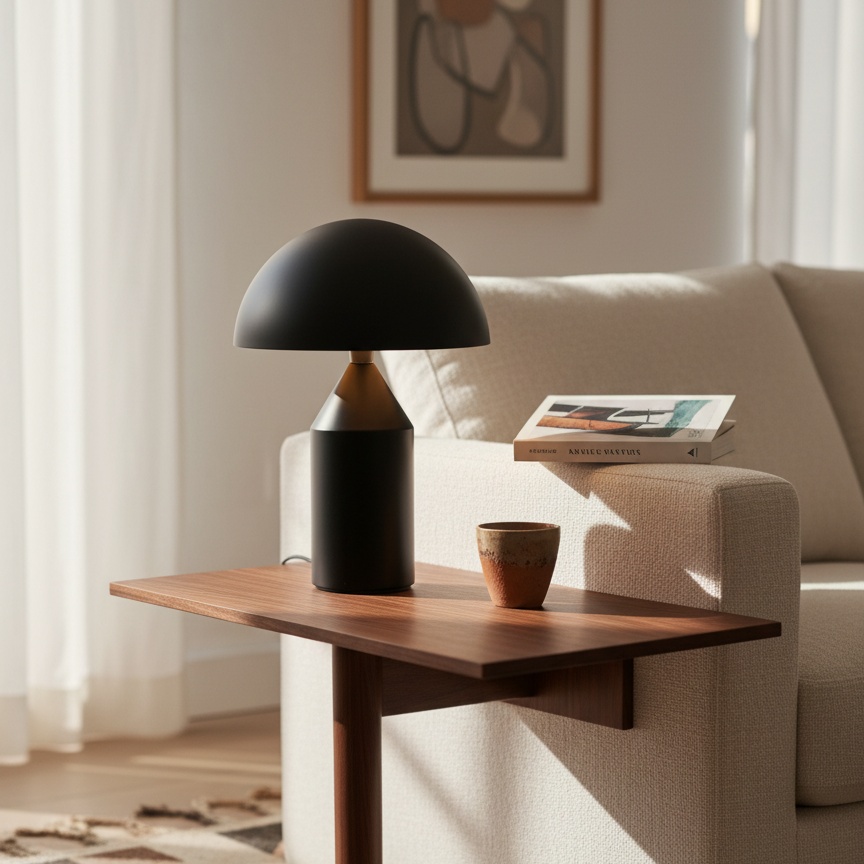 Lámpara negra sobre una mesa auxiliar de madera