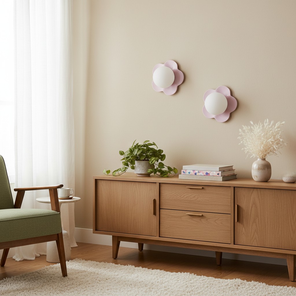 Lámparas florales junto a mueble de madera