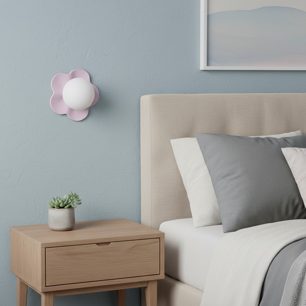Lámpara floral rosa junto a cama