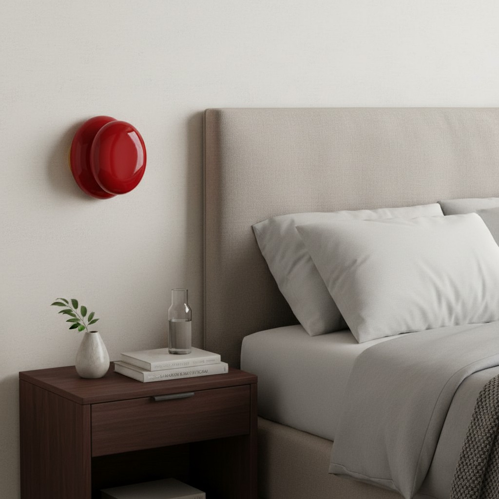 Lámpara de pared roja instalada junto a una cama