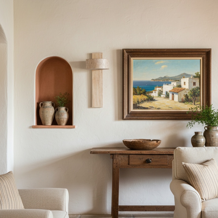 Escena de salón con aplique de travertino