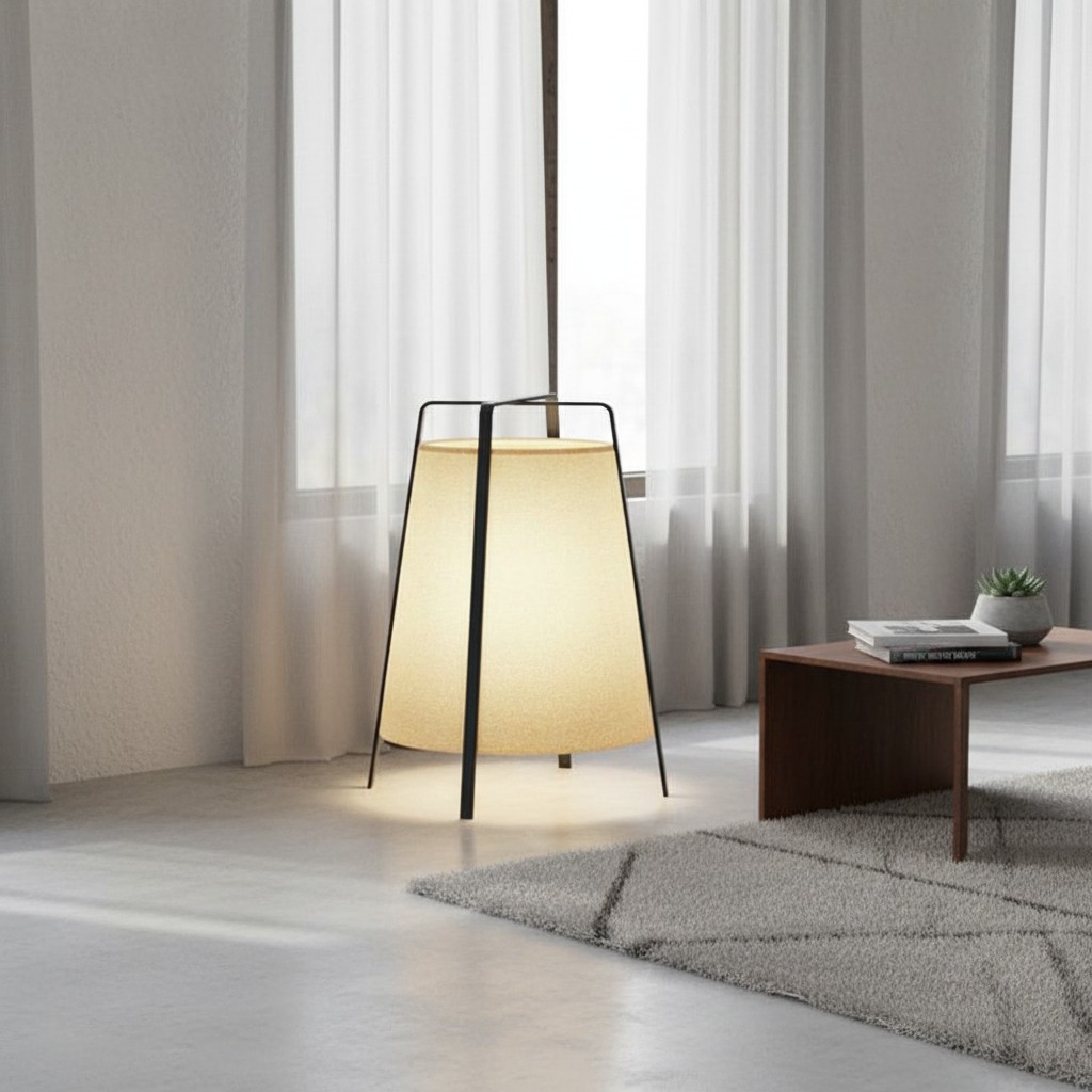 Lámpara de pie junto a cortinas