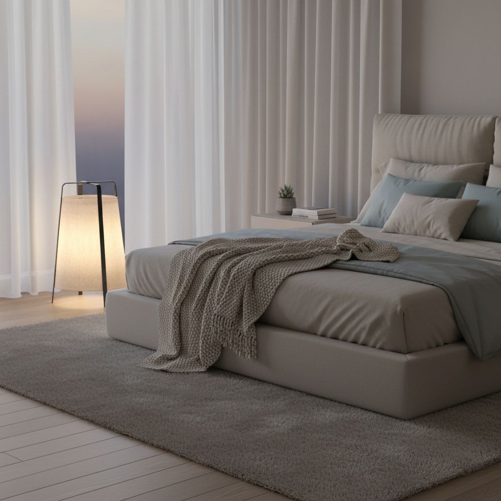 Lámpara de pie de tela en dormitorio
