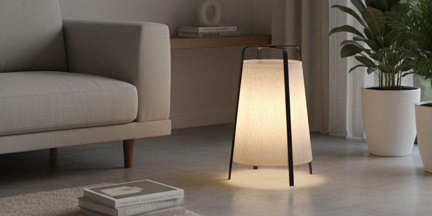 Lámpara de pie de tela iluminada junto a un sofá