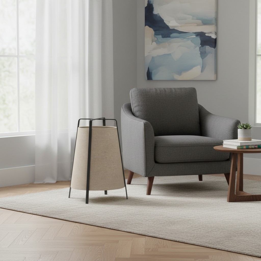 Lámpara de pie de tela junto a un sillón