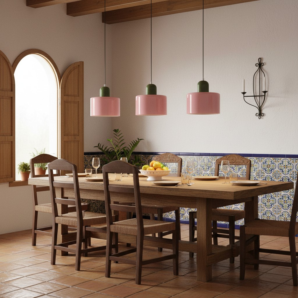 Lámparas Morandi rosas sobre mesa de comedor
