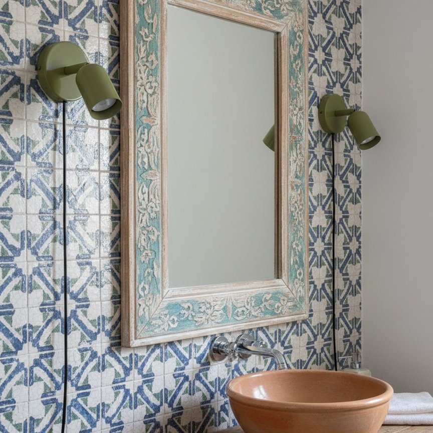 Lámpara verde junto a espejo decorativo