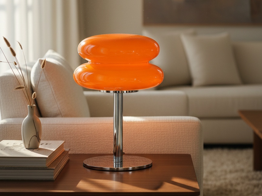 Lámpara Bauhaus naranja en una sala de estar
