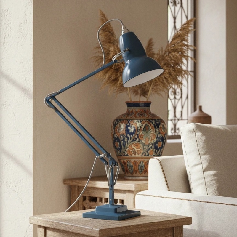 Lámpara Modryx azul junto a una ventana