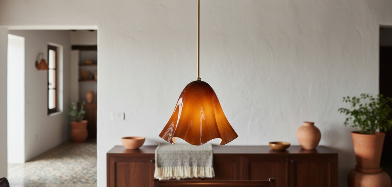 Lámpara colgante de cristal lechoso Bellina en una escena interior