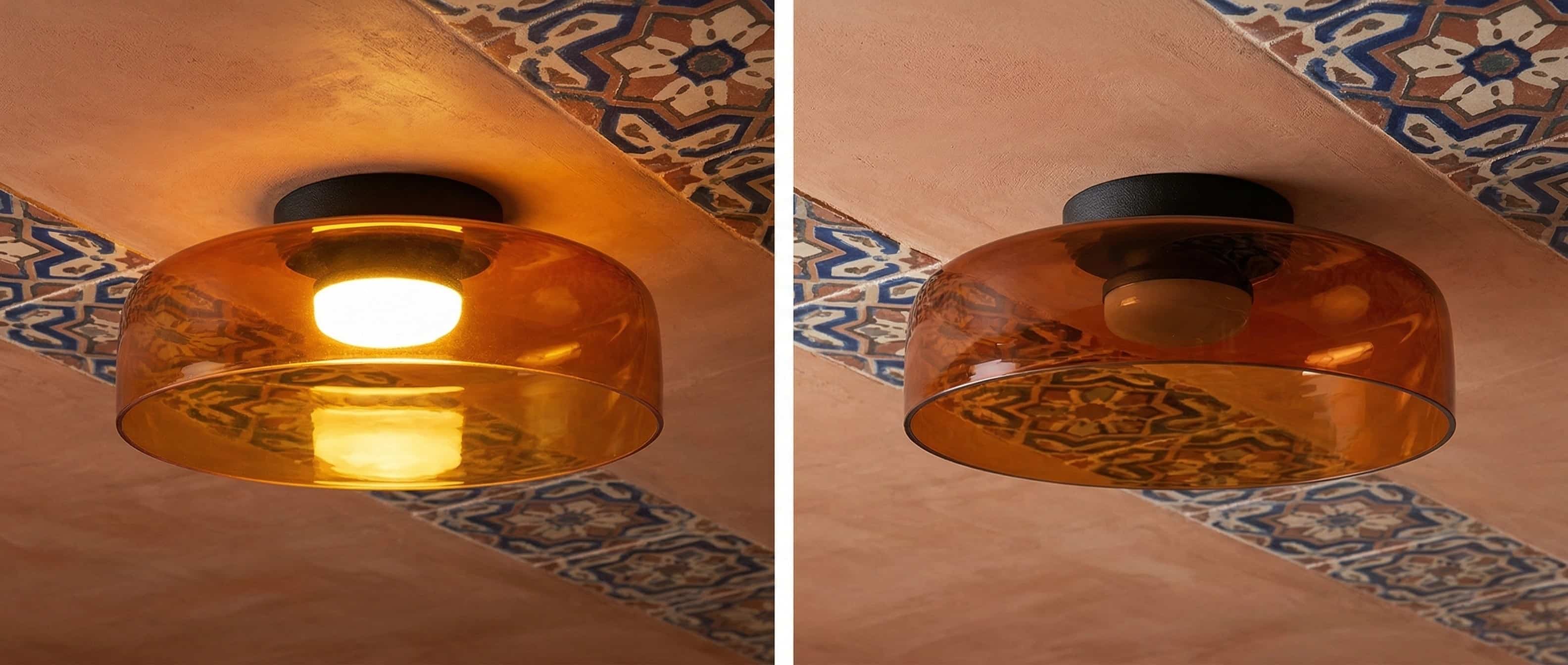 Comparación de la lámpara de vidrio encendida y apagada