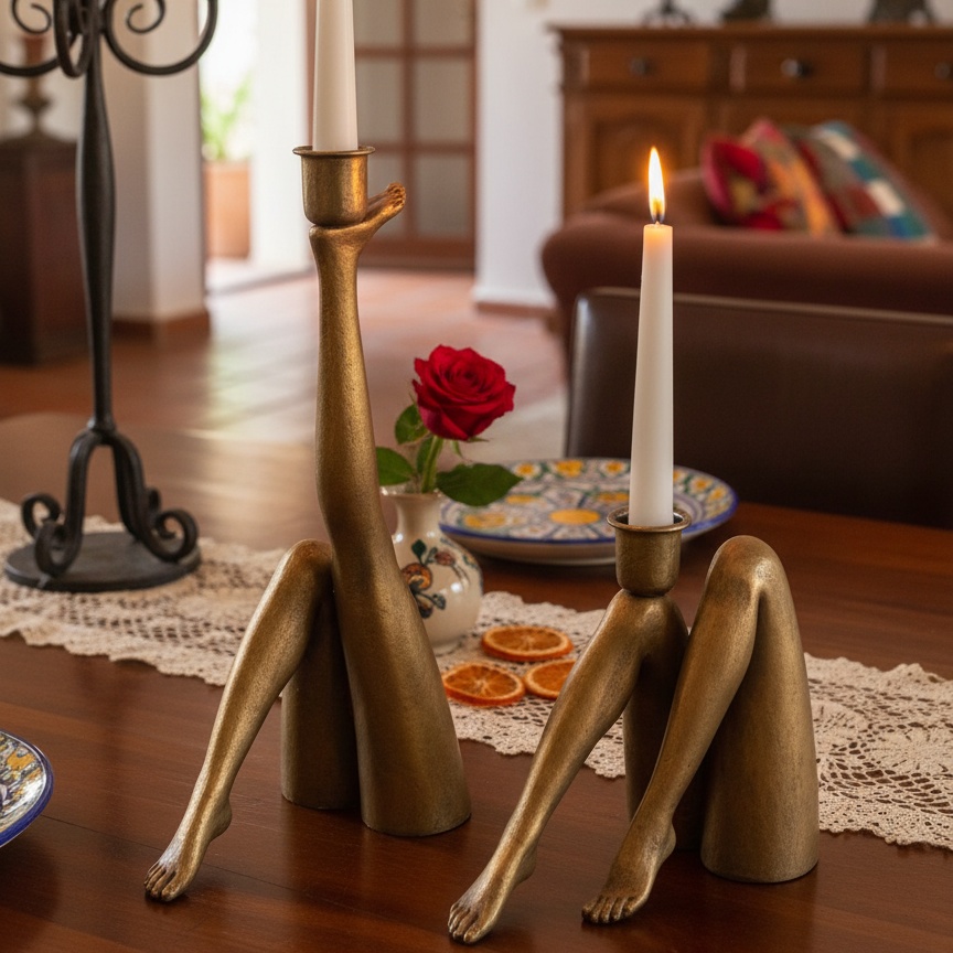 Candelabros Kickra dorados con velas sobre mesa