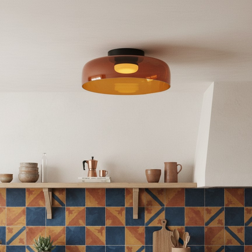 Cocina con lámpara de techo de vidrio ámbar