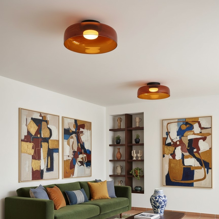 Sala con lámpara de techo de vidrio ámbar