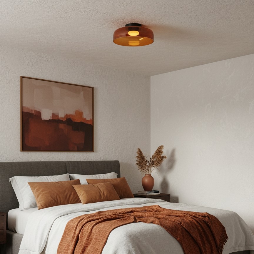 Dormitorio con lámpara de techo de vidrio ámbar