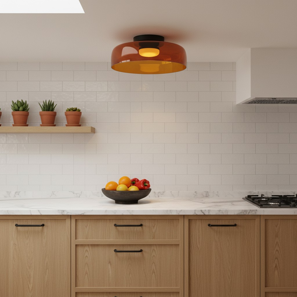 Cocina con lámpara de techo de vidrio ámbar