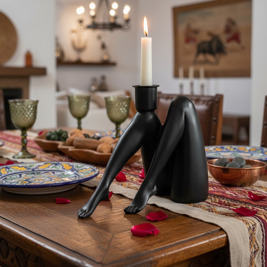 Candelabro Kickra negro con vela encendida