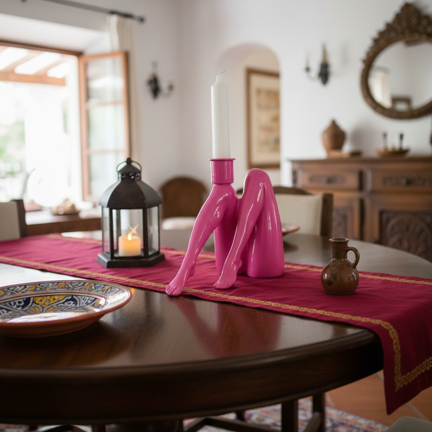 Candelabros Kickra rosas en mesa con mantel rojo
