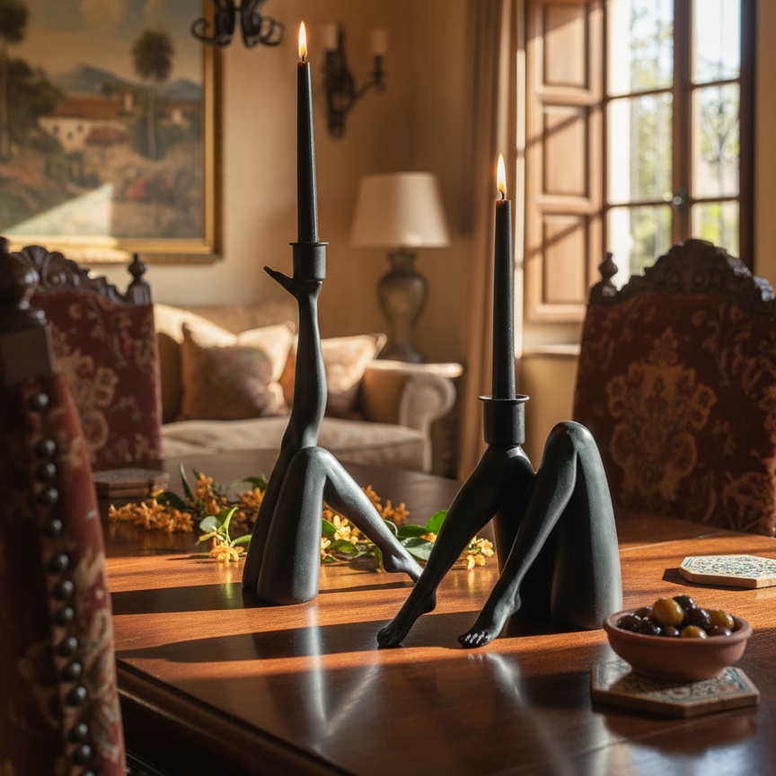 Candelabros Kickra negros en mesa de salón