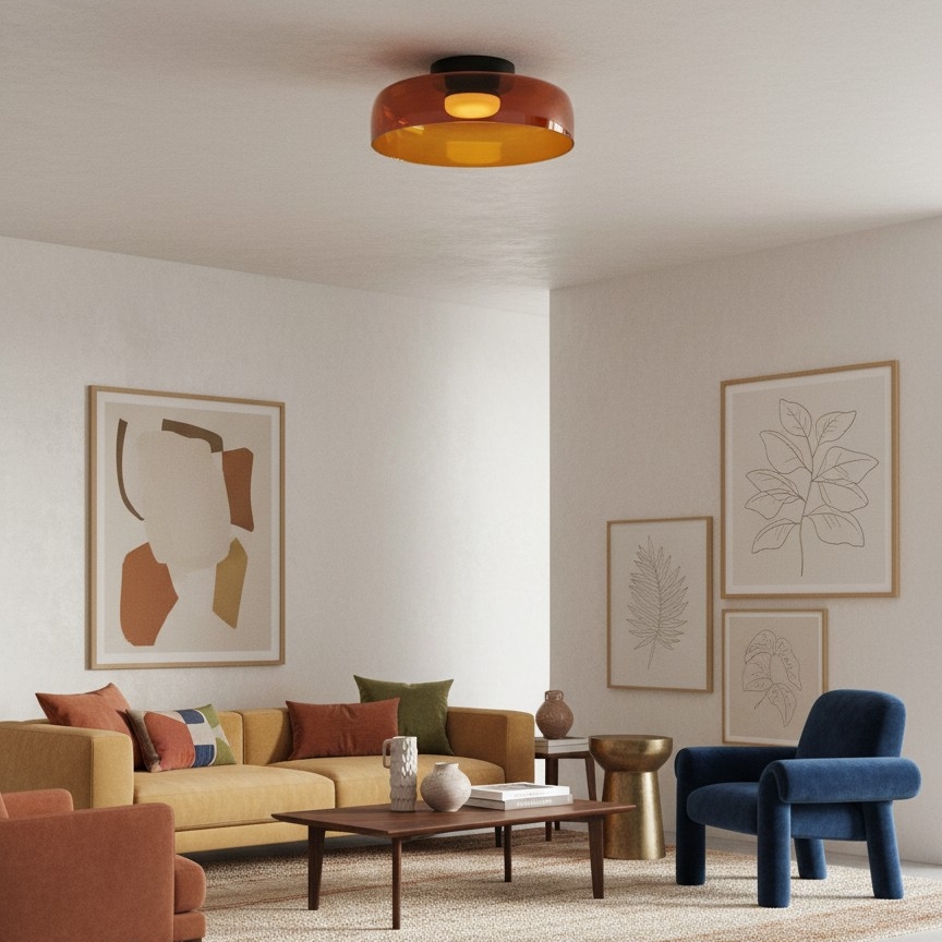 Sala con lámpara de techo de disco de vidrio ámbar