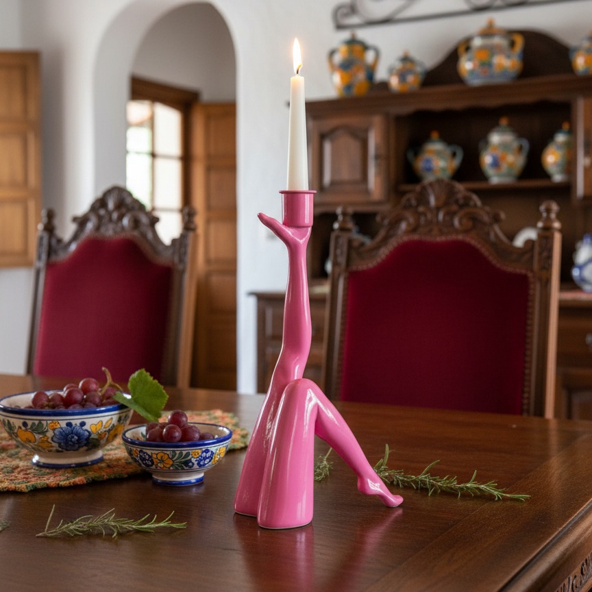 Candelabro Kickra rosa en mesa de comedor