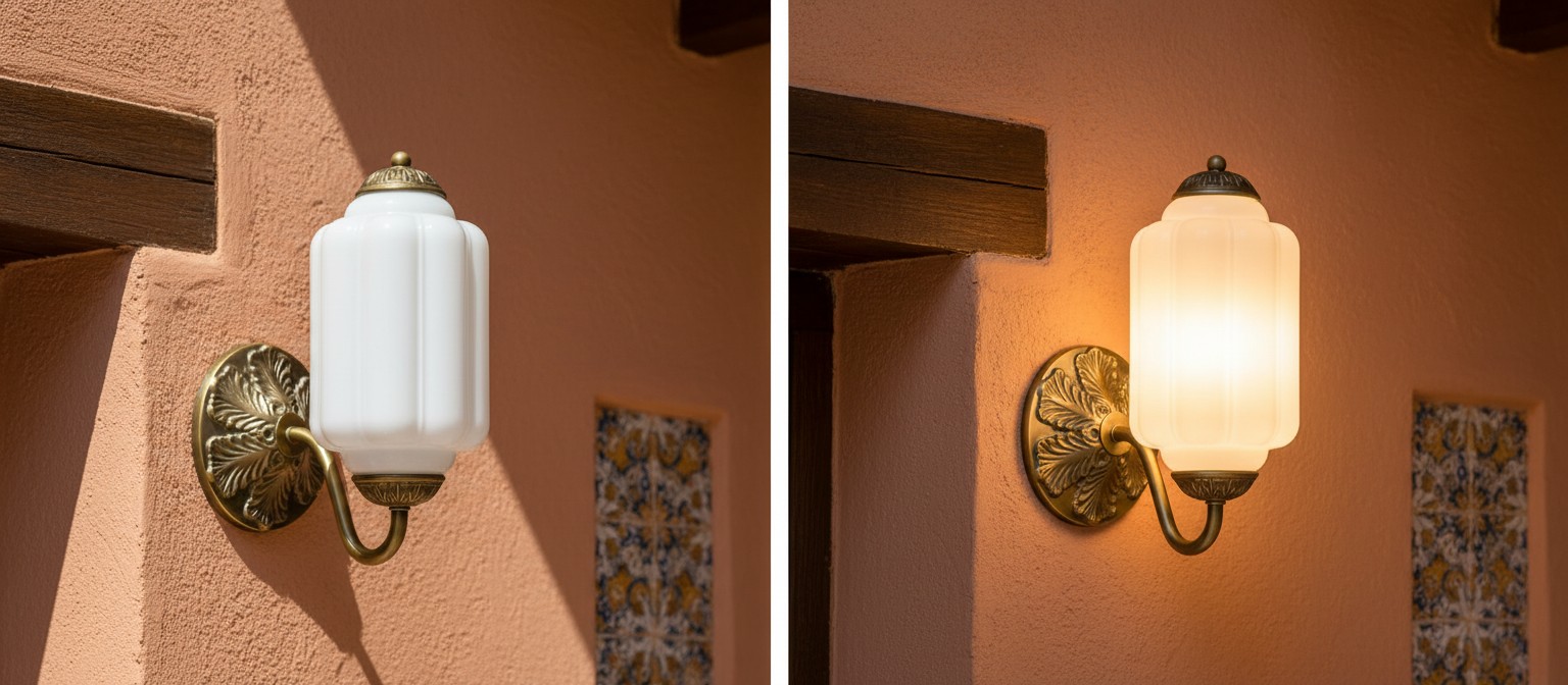 Comparación de iluminación del aplique Eloise encendido y apagado