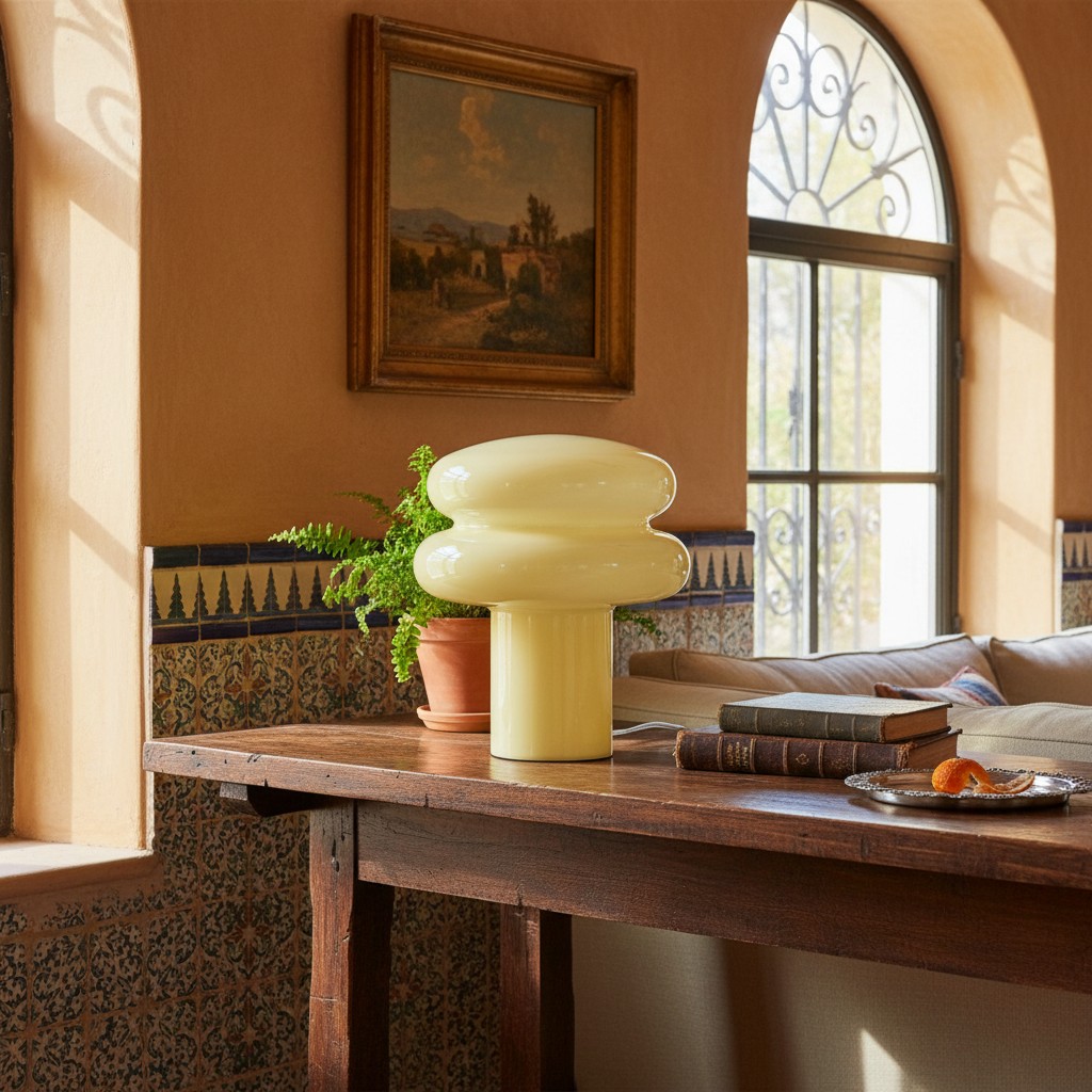 Lámpara amarilla sobre una mesa junto a una ventana