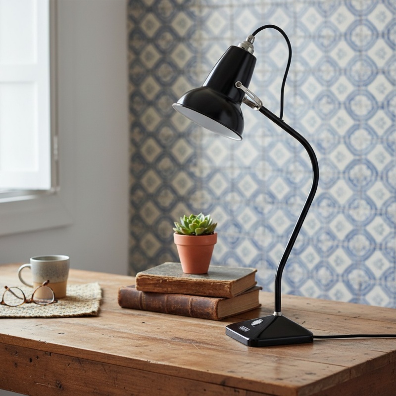Escena de escritorio con lámpara Modryx negra