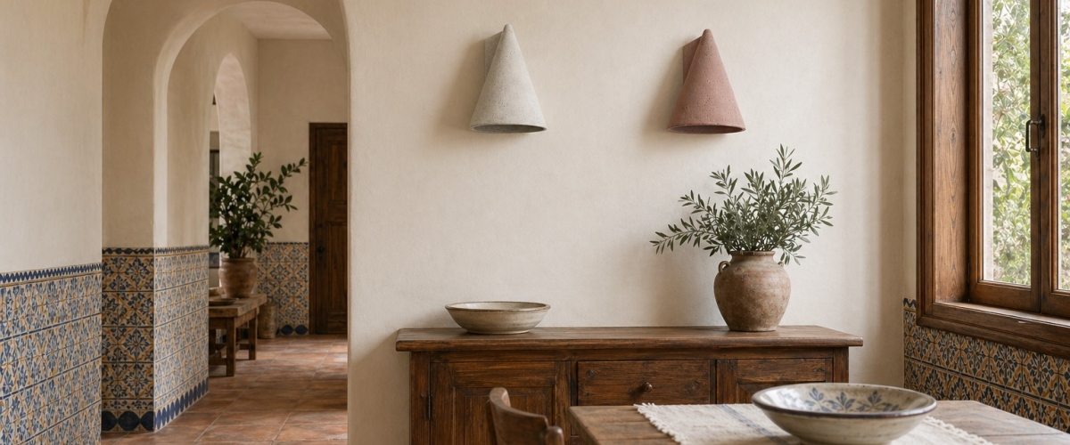 Lámpara de pared cónica de hormigón Concrellia en una estancia de estilo mediterráneo