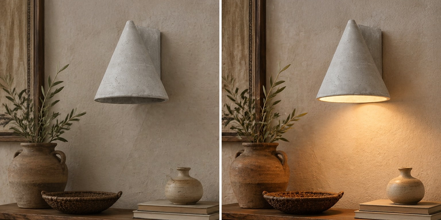 Comparación de iluminación de Concrellia apagada y encendida