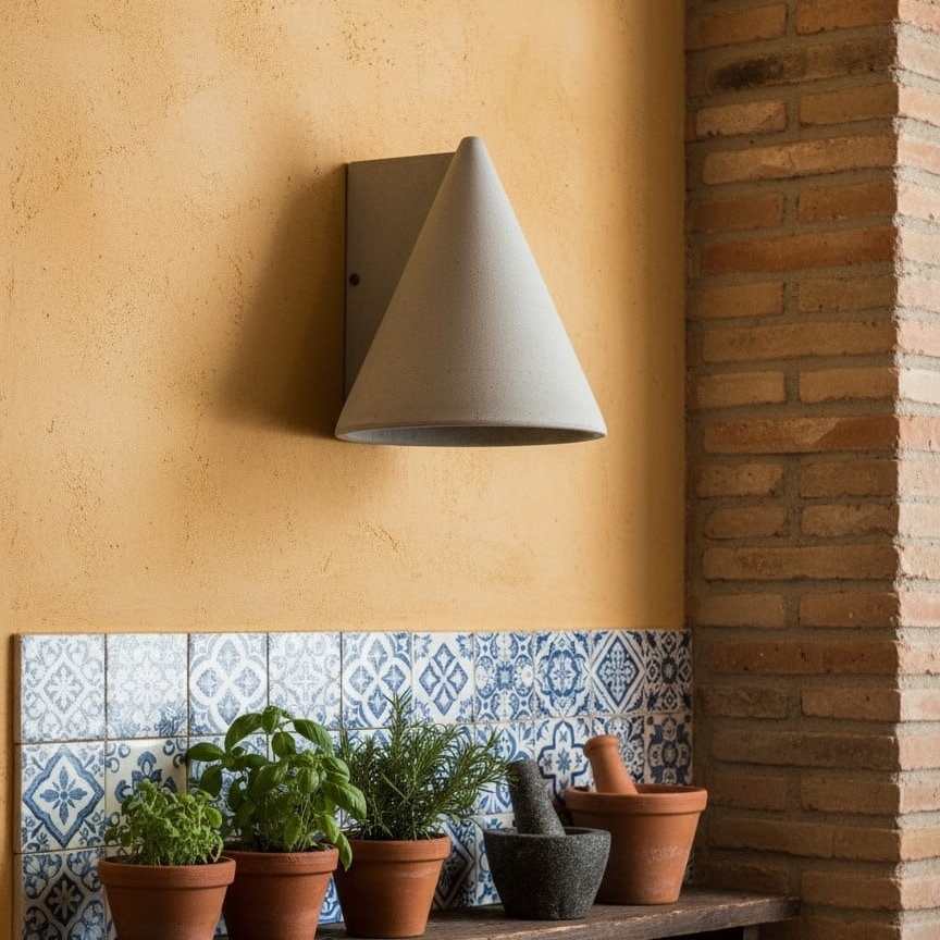 Concrellia gris en pared con azulejos