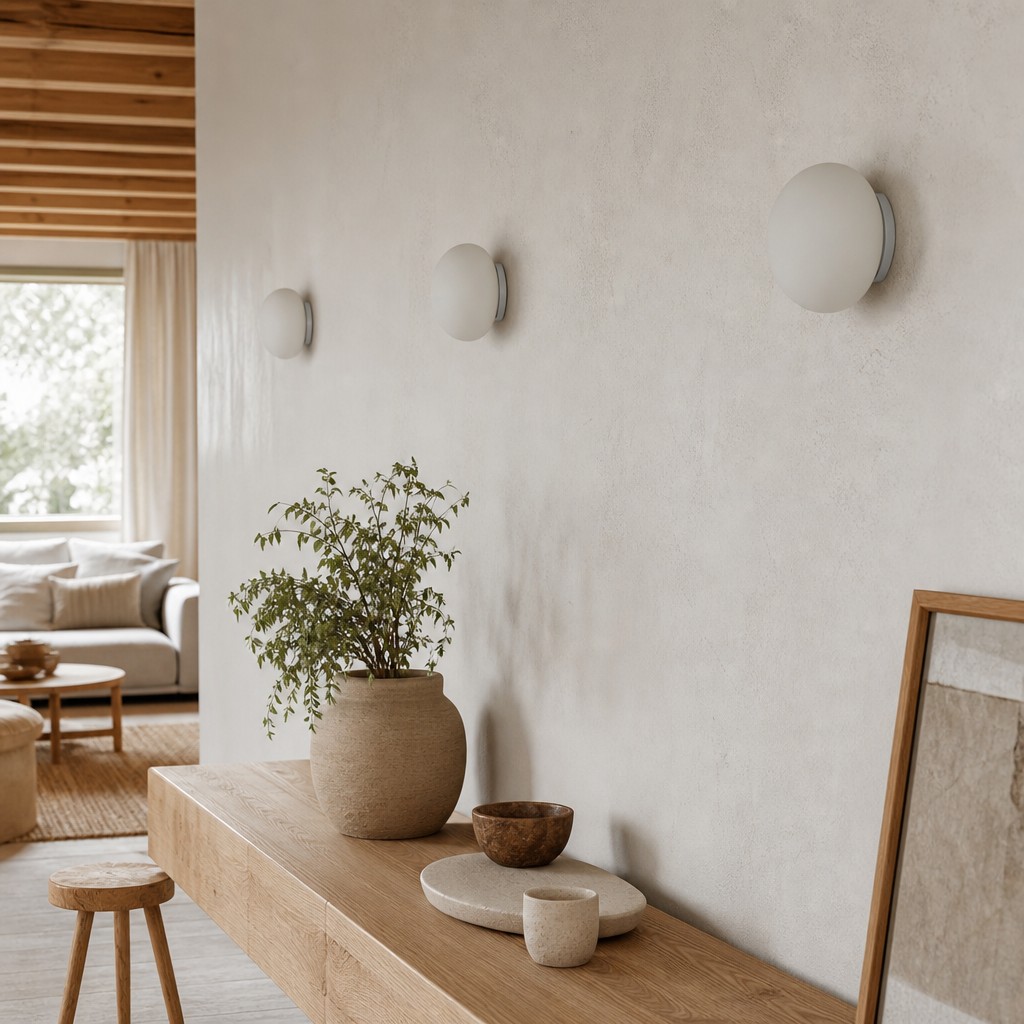 Escena de interior con varias lámparas de pared de diseño esférico