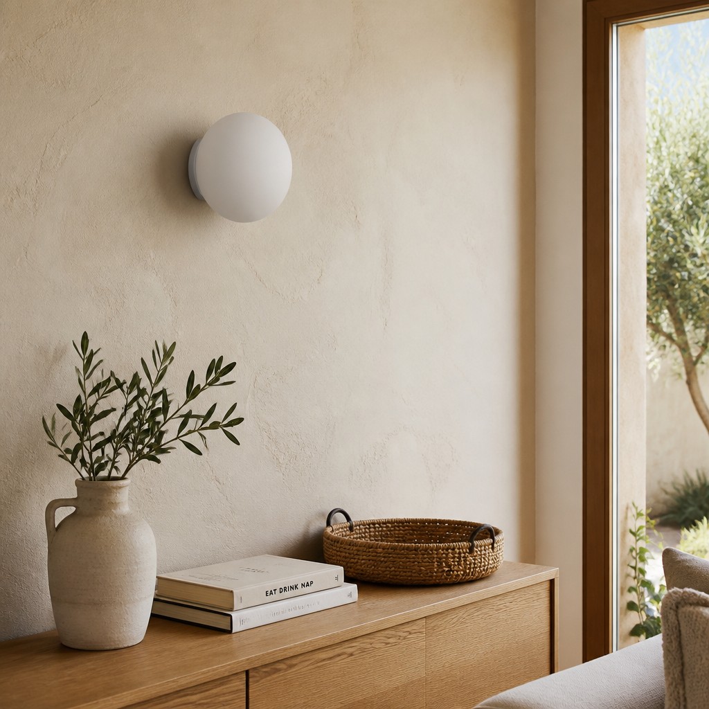 Lámpara globo de pared en espacio minimalista junto a una ventana