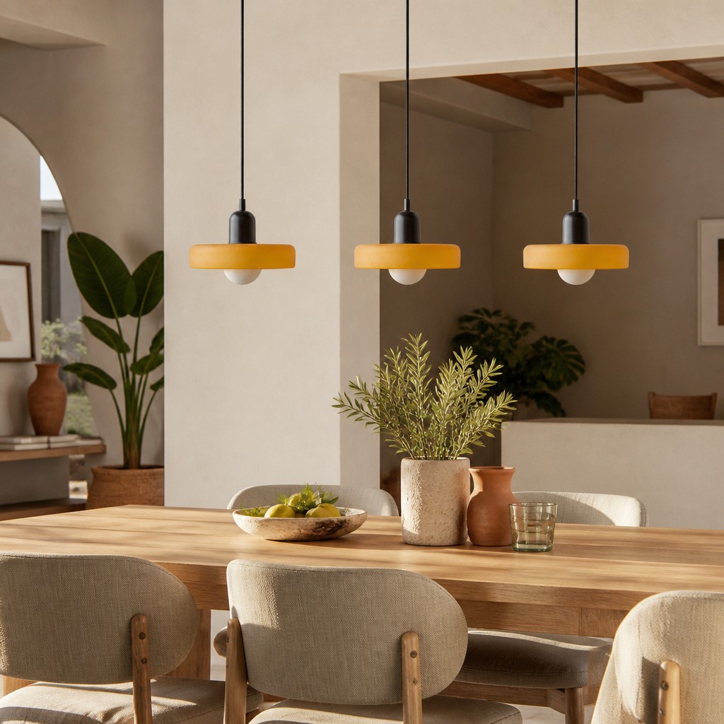 Lámpara Bauhaus instalada sobre mesa de comedor