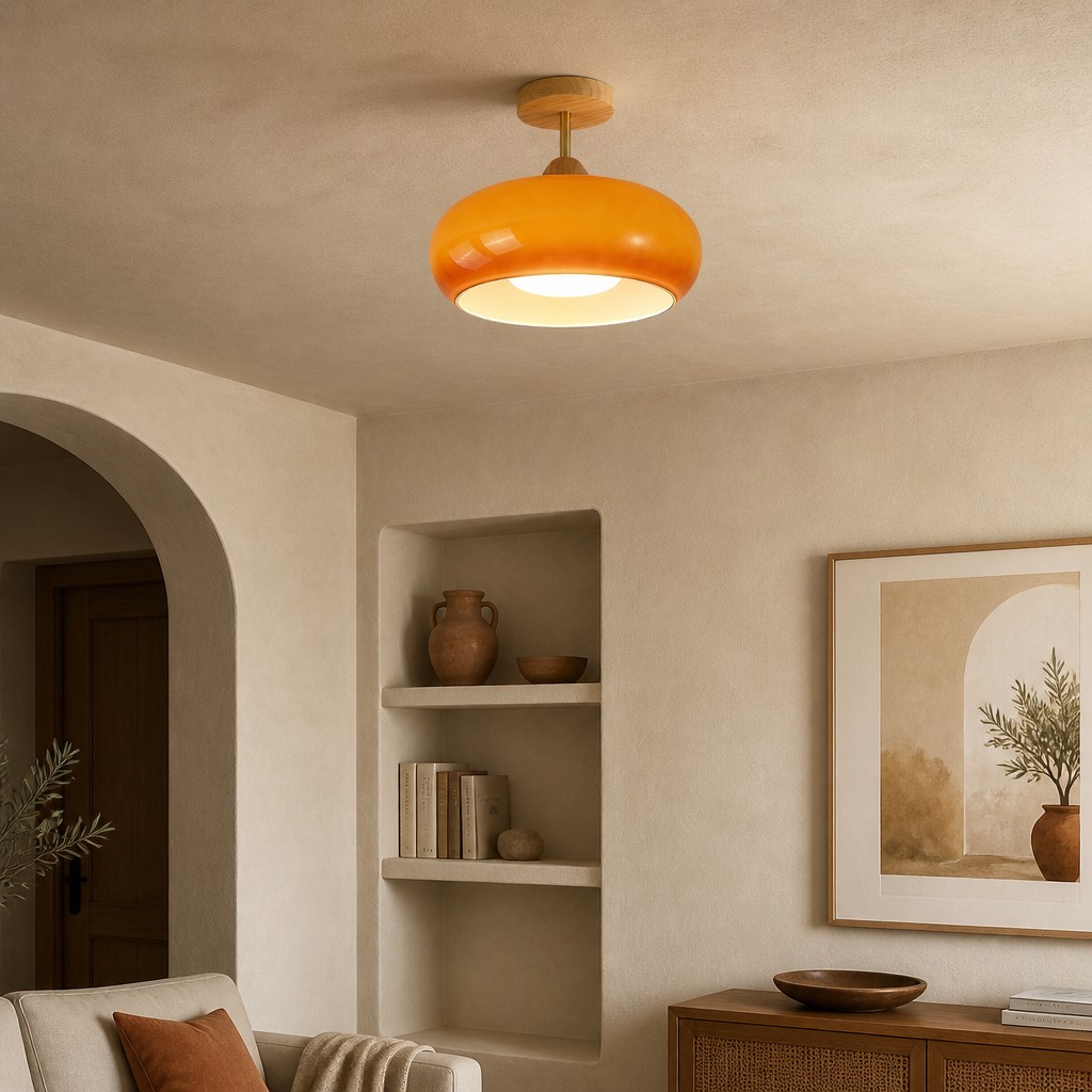 Lámpara Bauhaus naranja en habitación con estantería