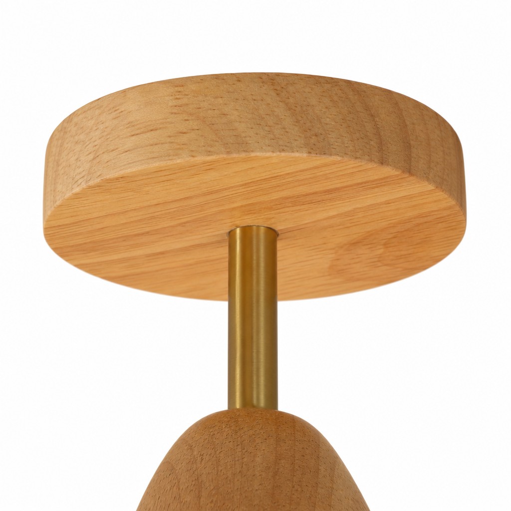 Detalle del soporte de madera y varilla de la lámpara