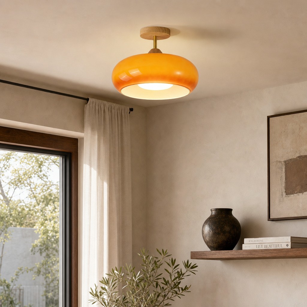 Lámpara Bauhaus naranja instalada en una sala