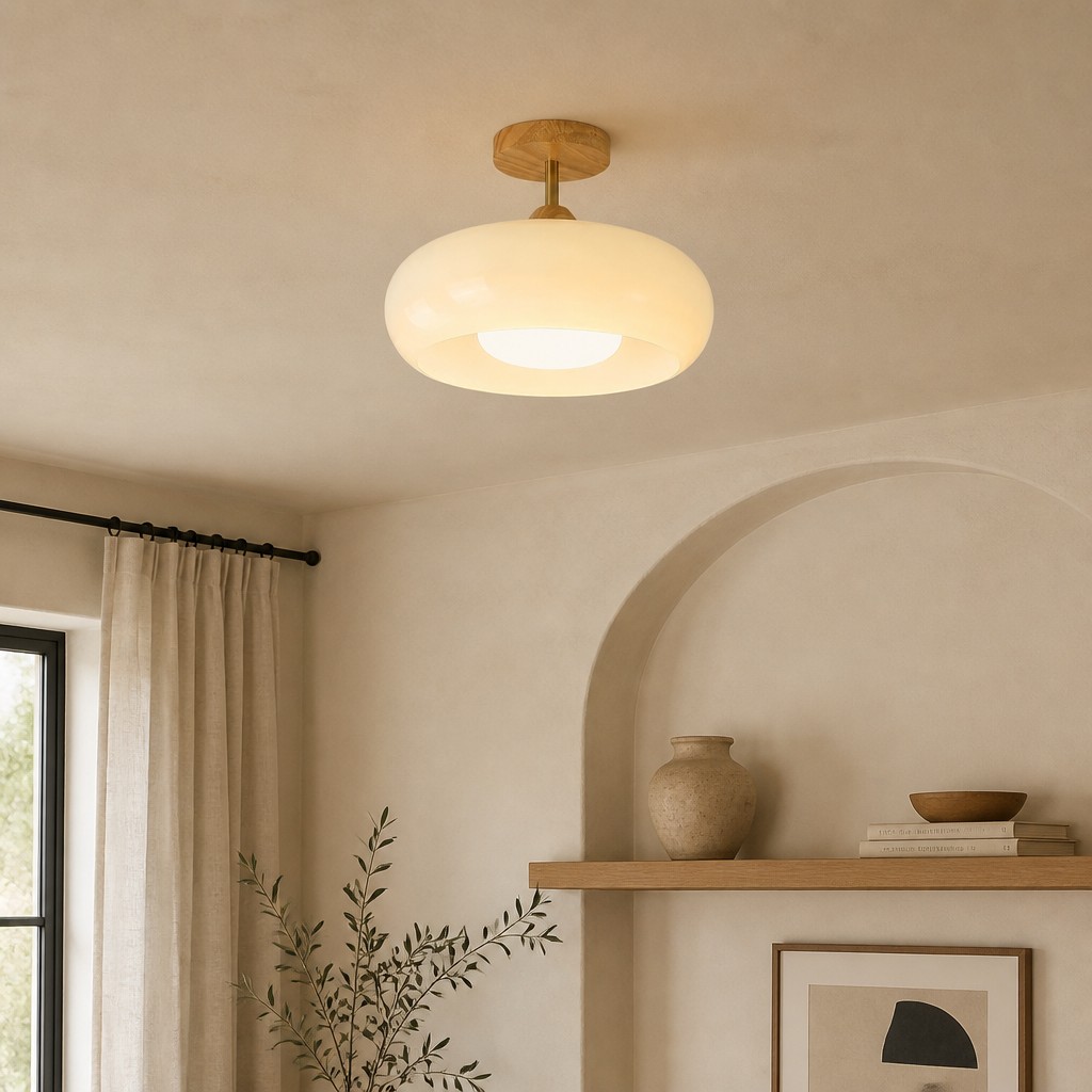 Lámpara Bauhaus blanca en sala con cortinas