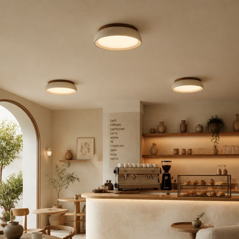 Escena de cafetería con luz de techo