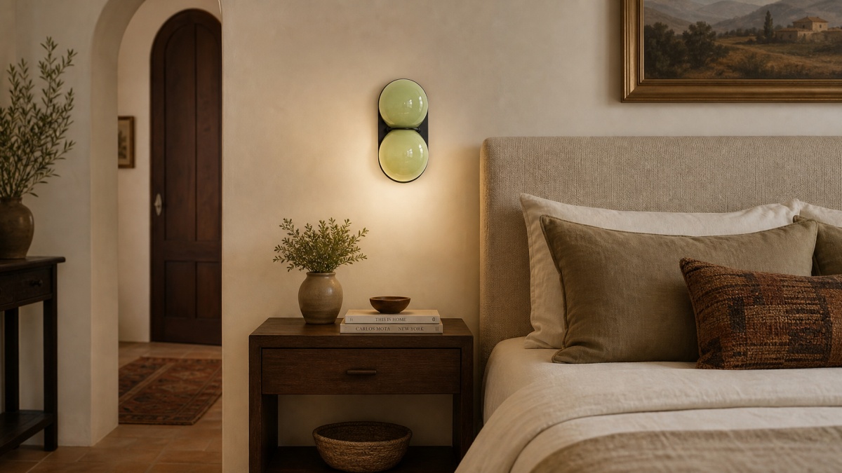 Aplique de pared geométrico minimalista en dormitorio moderno