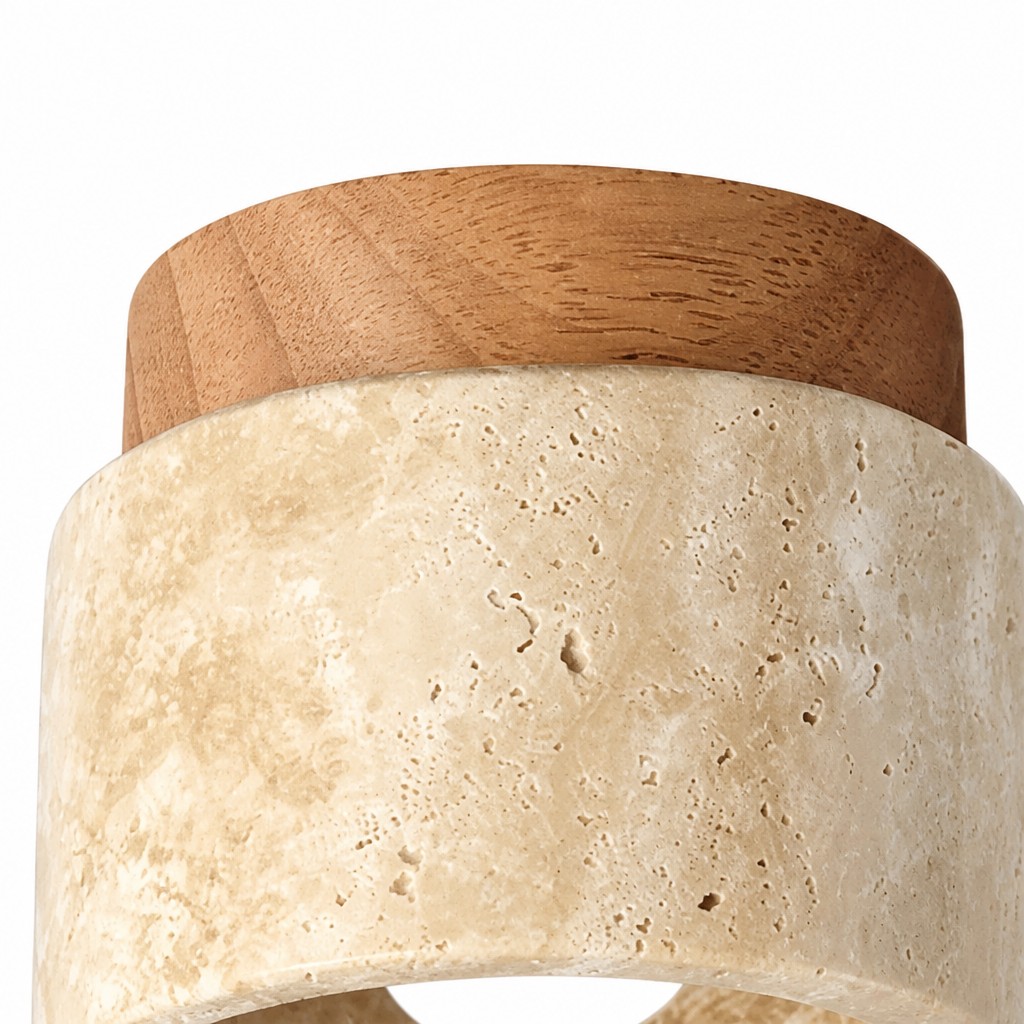 Detalle lateral de mármol y base de madera de la lámpara Travira