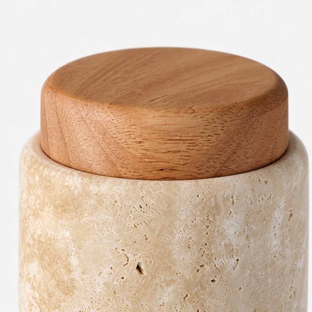 Detalle superior de madera y mármol de la lámpara Travira