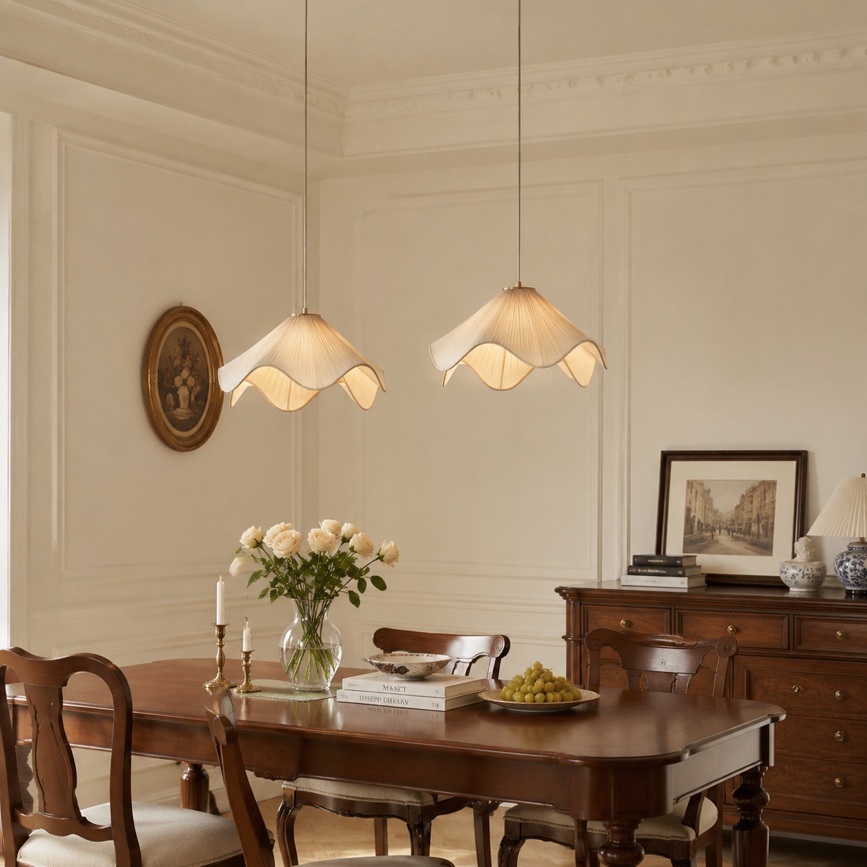 Estilo de comedor con lámparas colgantes de pétalos