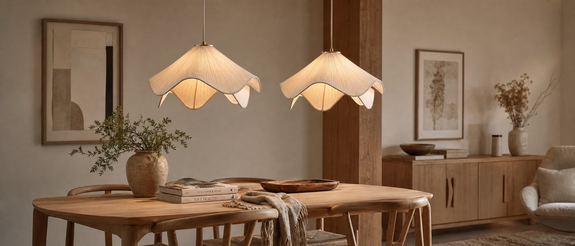 Lámpara colgante de tela con capas de pétalos en un comedor cálido