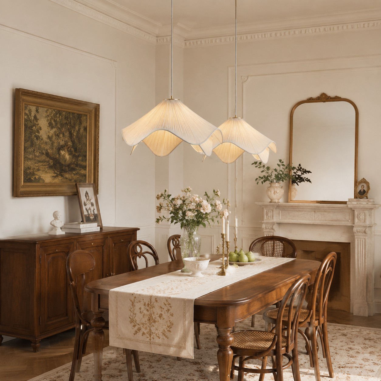Estilo de comedor clásico con lámparas colgantes florales