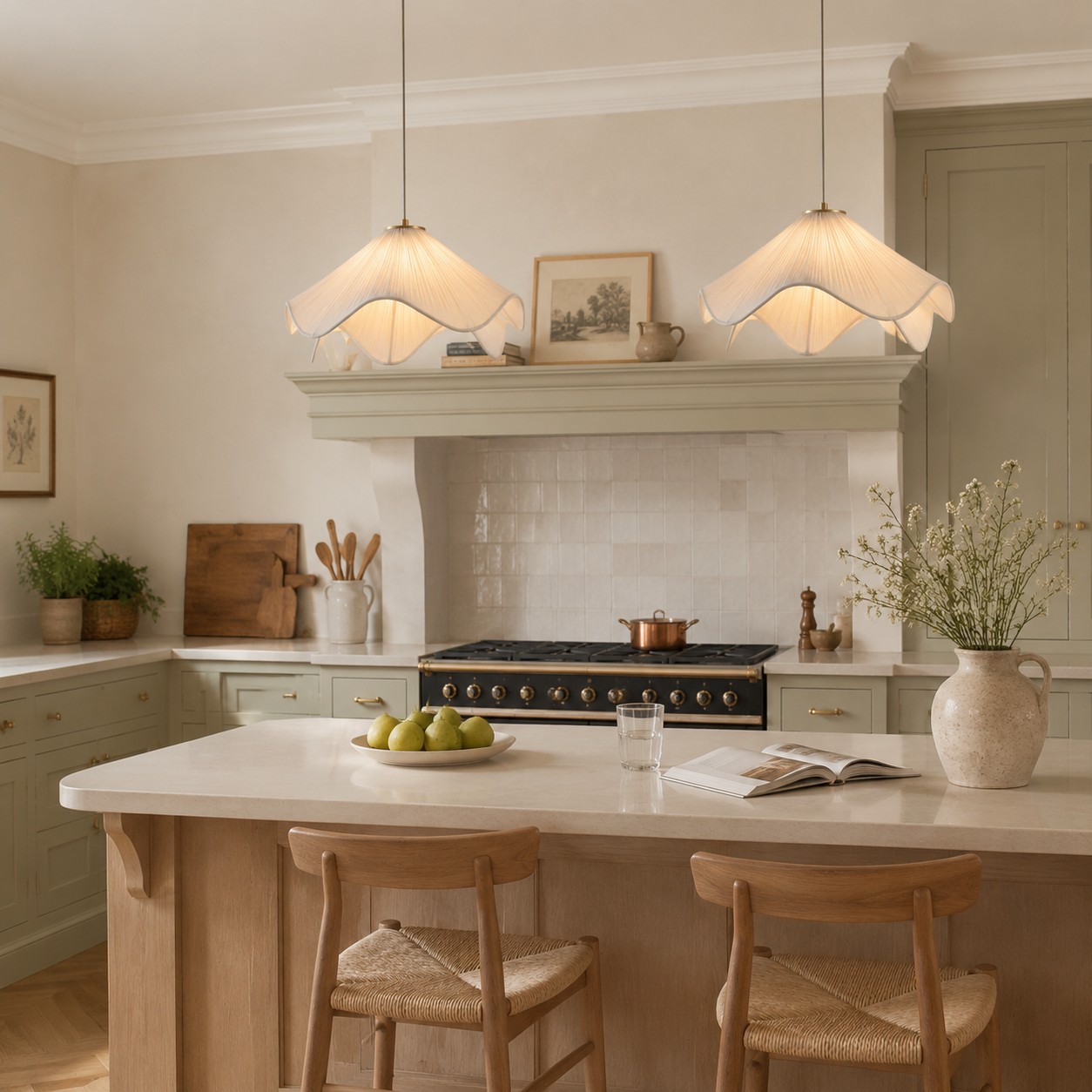 Estilo de cocina con lámparas colgantes florales