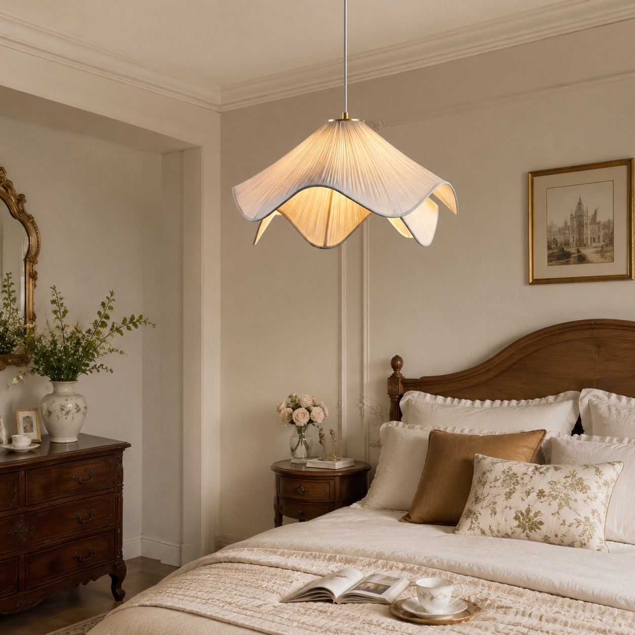 Estilo de dormitorio con lámpara colgante floral